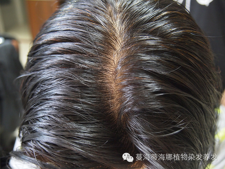 海娜植物染发粉遮染白发根得到褐红棕色的效果